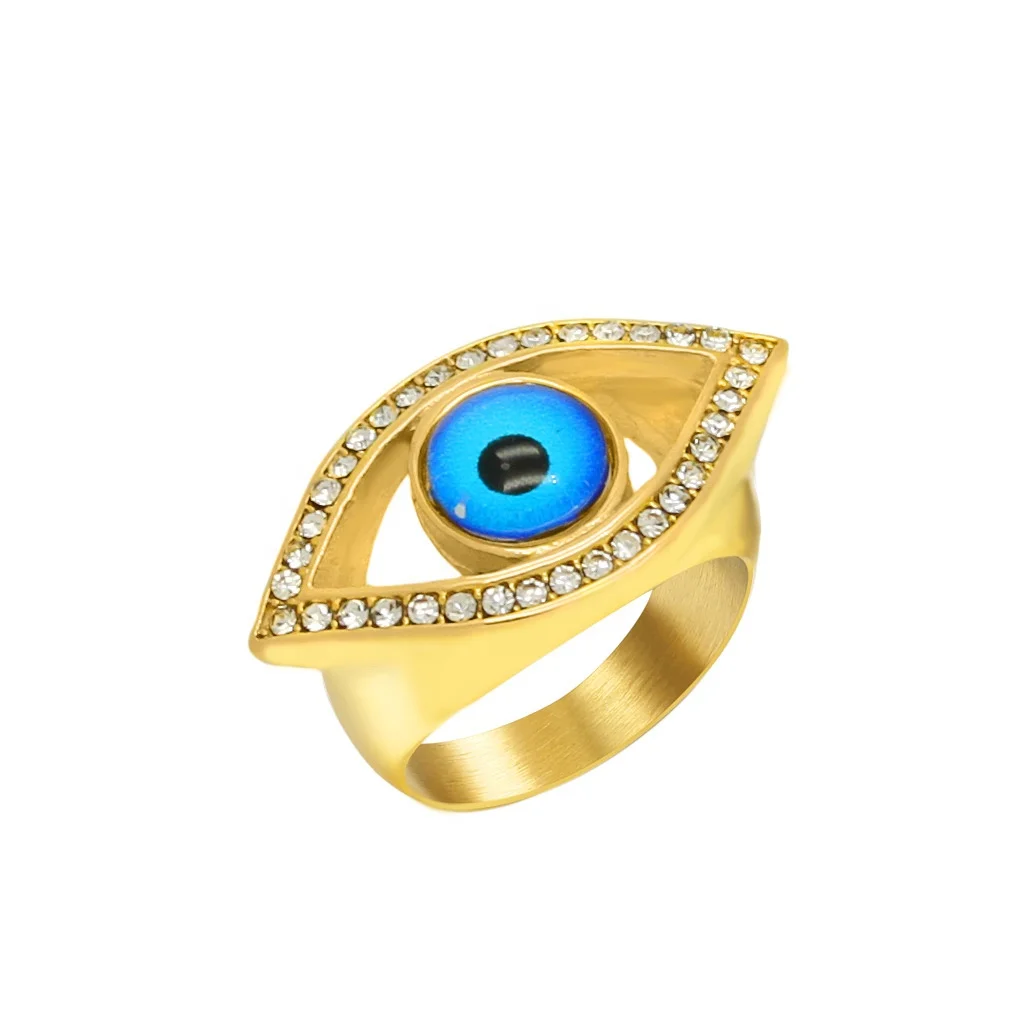 Men Women Tarnish Free Stainless Steel Gold Plated Evil Eyes Blue Turkey Eyes Bling Crystal Eye Finger Rings Jewelry Wholesale