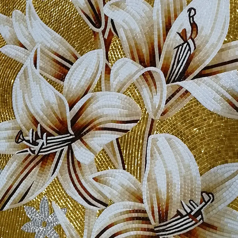 Classic Luxury Hand cut Gold Lily Flower Art Pattern Decorative Crystal Glass Mosaic Mural Tile Pictures