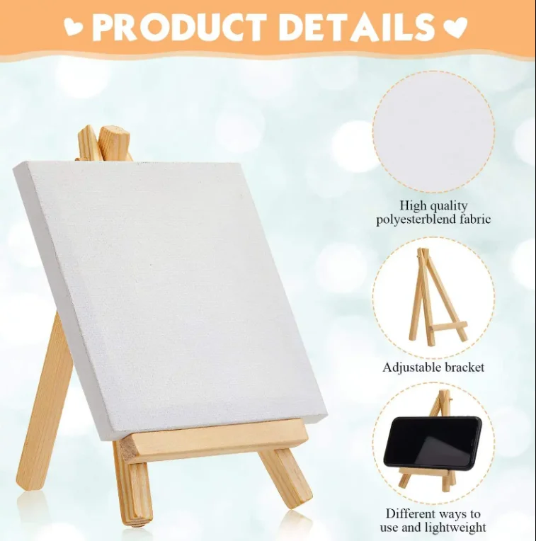 Kids Painting Set 11*11CM Mini Stretched Canvas Board with 9*16CM Wooden Paint Easel Display Stand Digital Printing