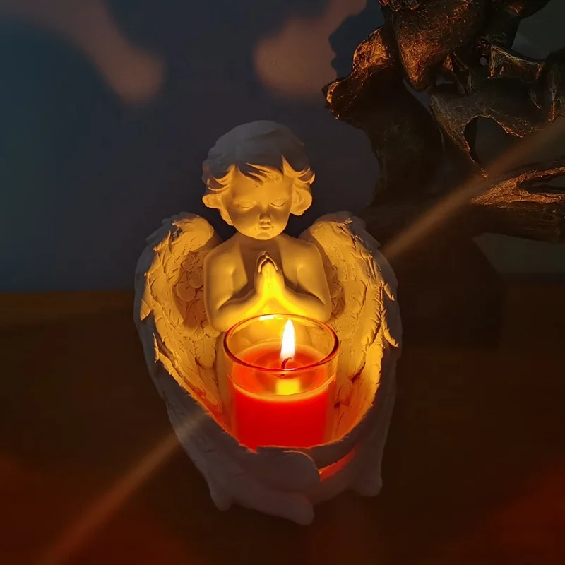 Nordic Style Statue Resin Cute Praying Resin Christmas Angel Tealight Candle Holder for Home Decoration