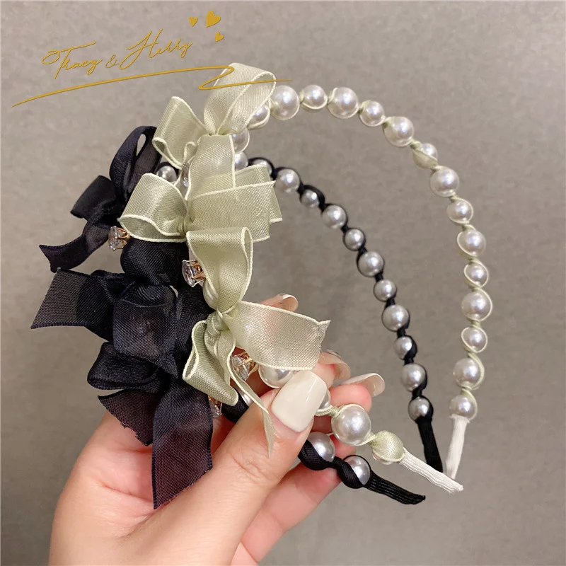 Tracy & Herry Wedding Bride Hair Accessory Fairy Gauze Bowknot Headdress Shiny Women Thin Edge Rhinestone Pearl Headband