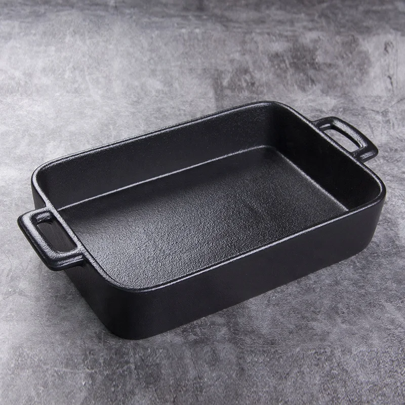 Custom Logo Rectangle Stoneware Bread Bakeware Pans with Double Handle black Ceramic Baking Tray Use of microwave oven