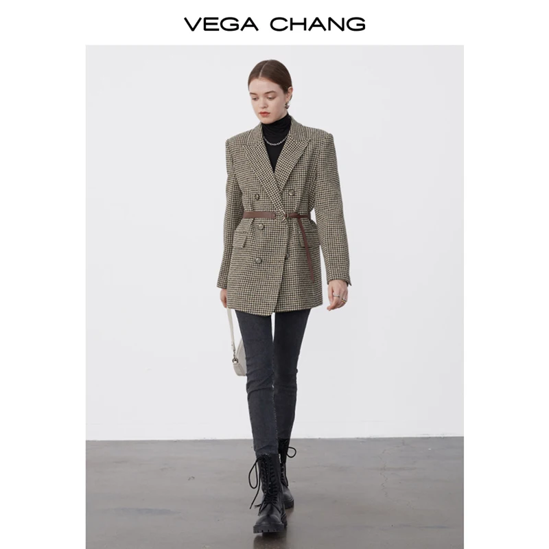 VEGA CHANG 2024 Winter Commuting Suit English Plaid Cotton clamping Waistline Vintage Premium  Woolen coat