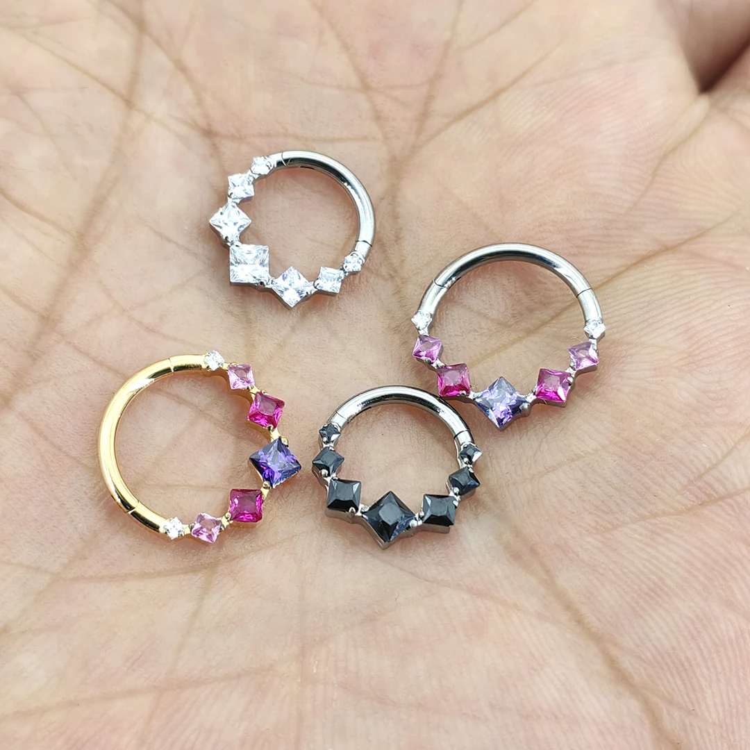 Calendo Hot Sale  ASTM  F136 Titanium  CZ Stone Cluster  Hinged Segment Clicker Wedding Gift Septum Ring  Piercing  Earing