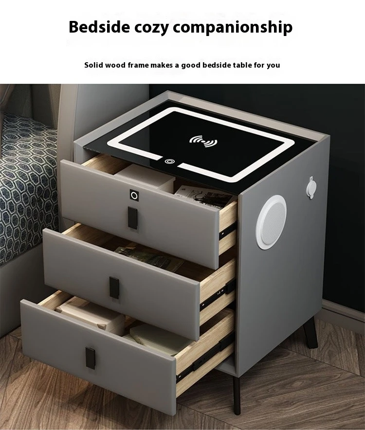 Smart Wooden Safe Luxury Modern With Three Drawer Leather Multifunctional Smart Bedside Table With Speakers