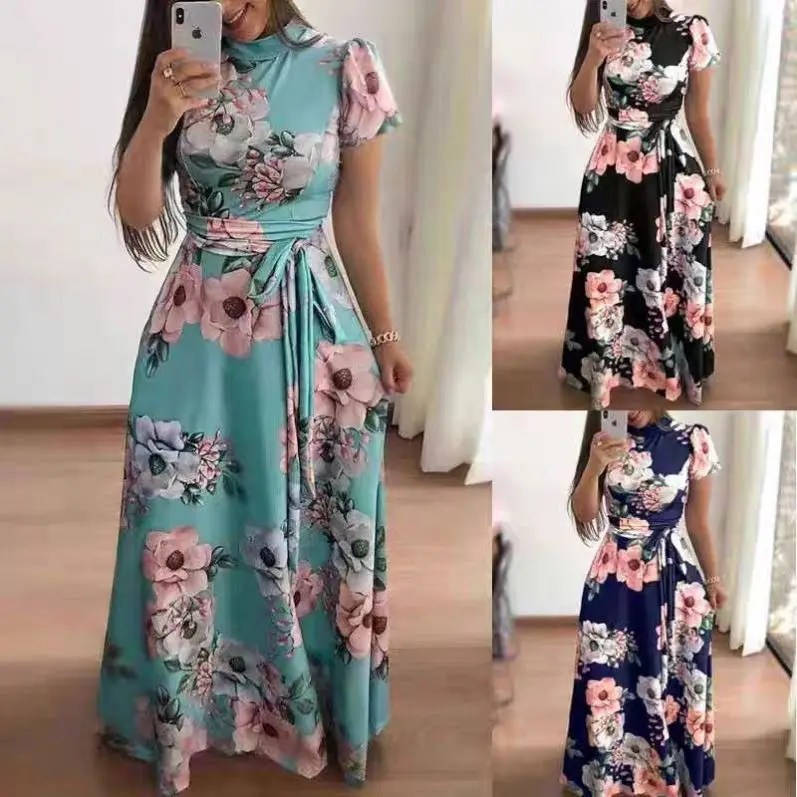 Women Summer Casual Long Dress Boho Floral Print Maxi Dress Turtleneck Bandage Elegant Dresses