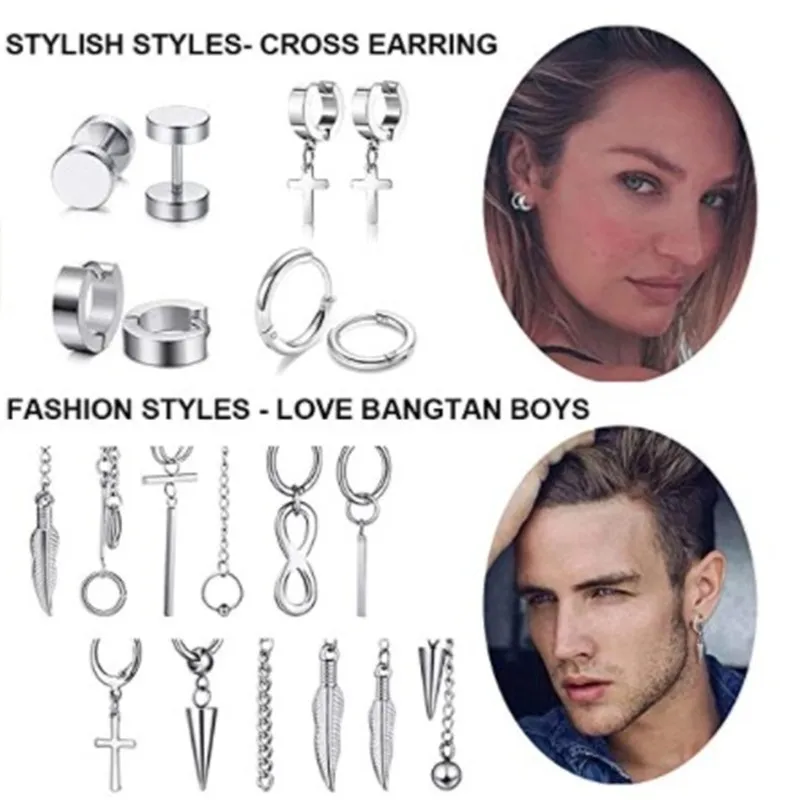 R.Gem. 20 Pieces Korea Kpop Women  Boys Punk Stainless Steel Dangle Long Chain Stud Huggie Hinged Hoop Earring Set