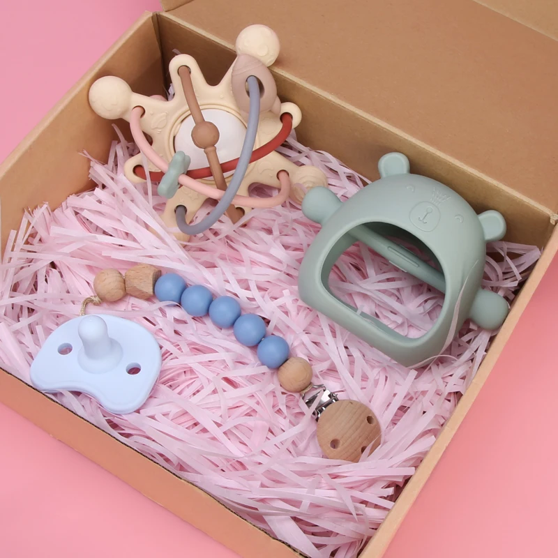 Custom BPA Free Soothing Chewable Newborn Box Silicone Gift Set Sensory Wooden Ring Rattle Stacking Toy Baby Teether