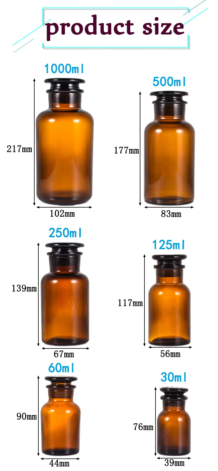 Vintage Style 125ml 250ml 500ml Wide Mouth Laboratory glassware Apothecary Glass Jar with Seal Cap