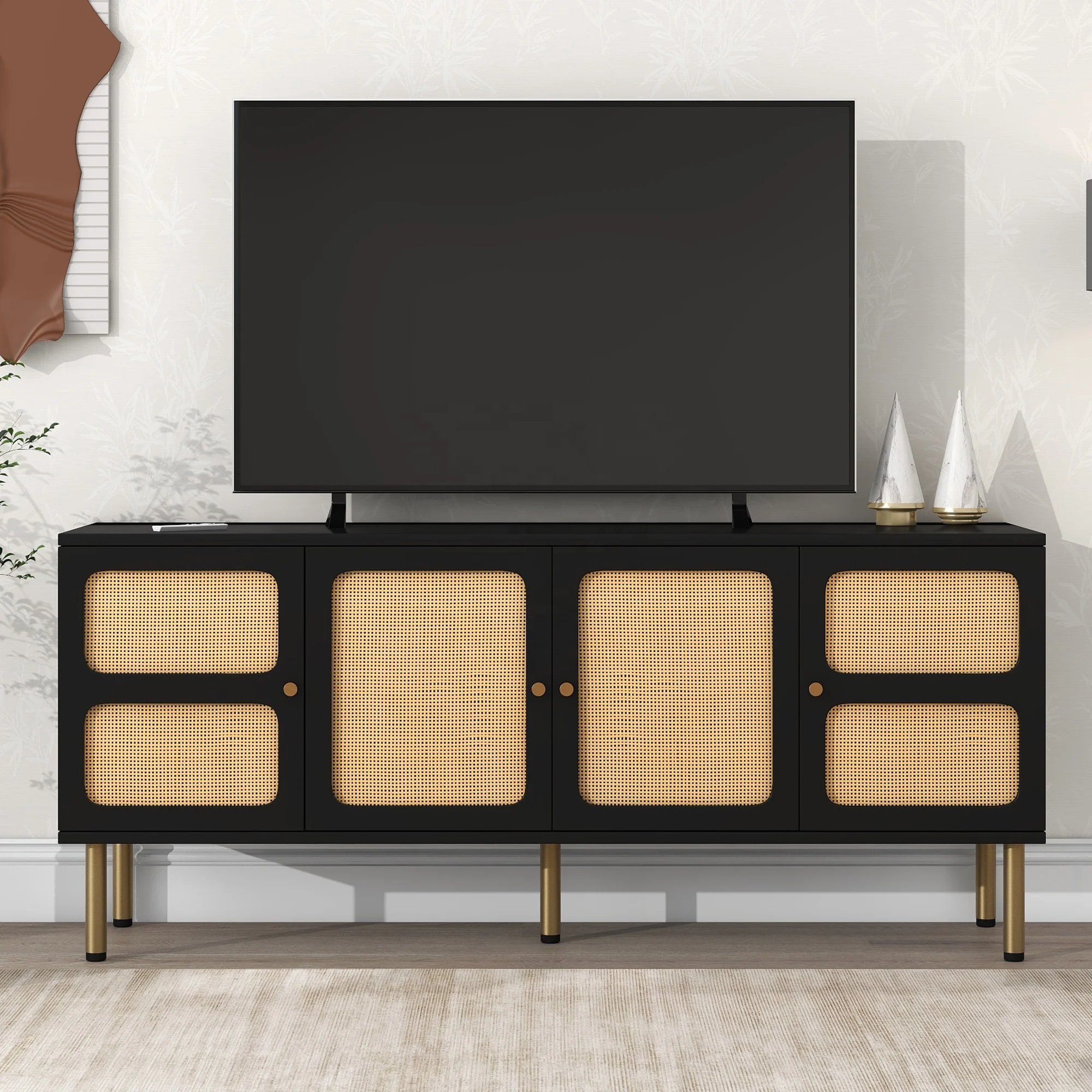 Free Shipping Boho style TV Stand with Rattan Door