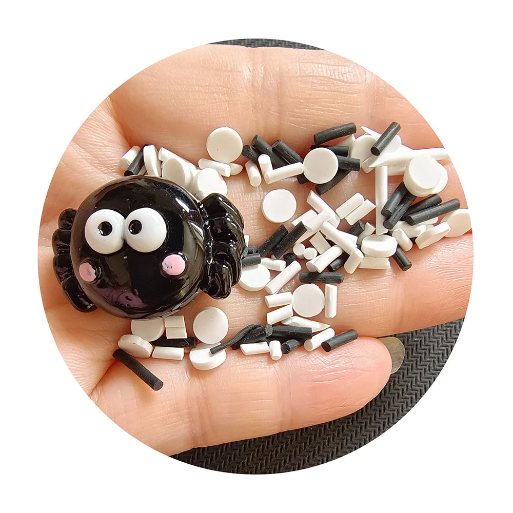 Halloween DIY Slime Fillers Cute Black Spider Face Clay Sprinkles 3D Art Sculpture Black Resin Bead Charms Halloween Packaging