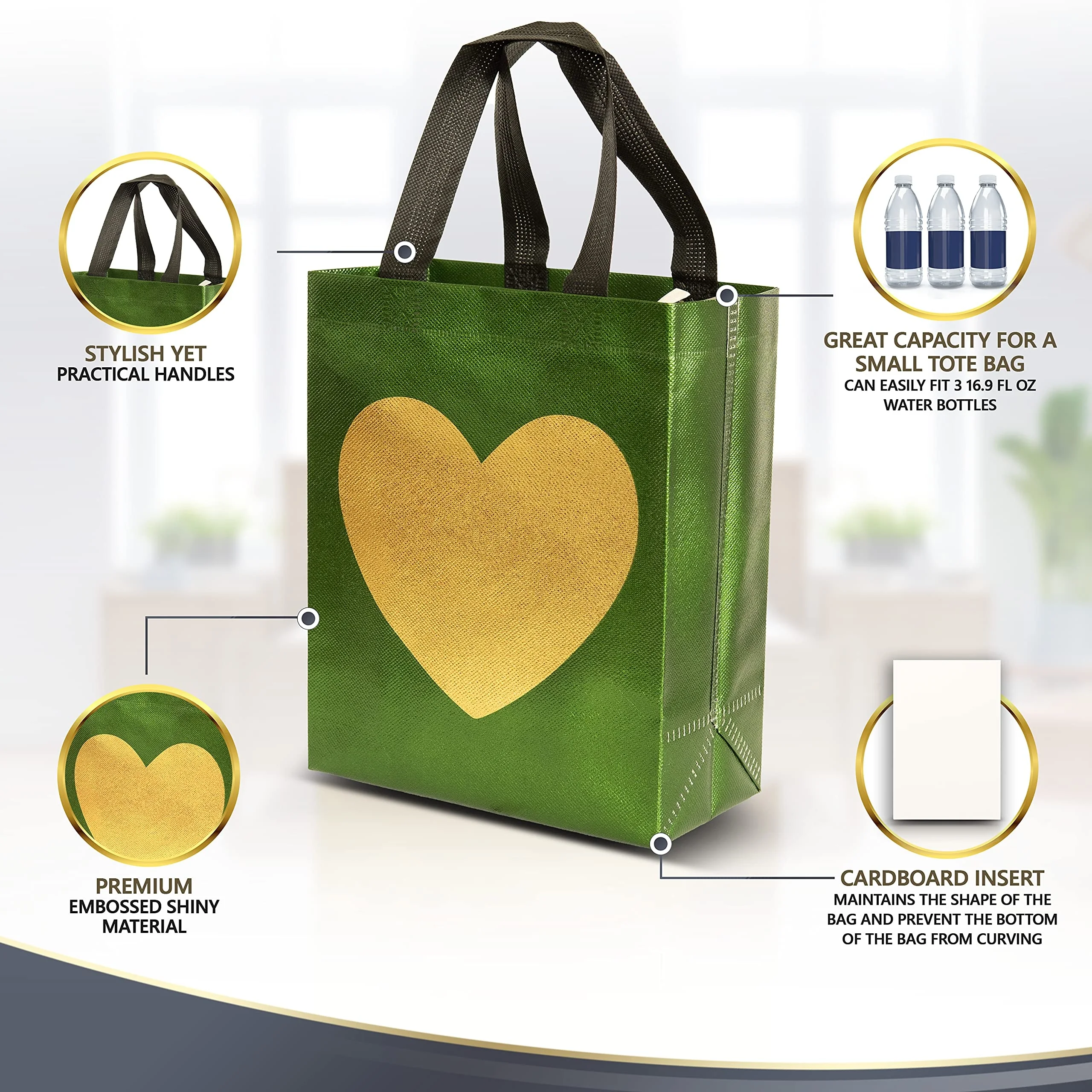 Christmas Party Medium Size Red Green Black Eco-friendly Gift Glossy Finish Reusable Non Woven Pp Bag With Shiny Gold Heart