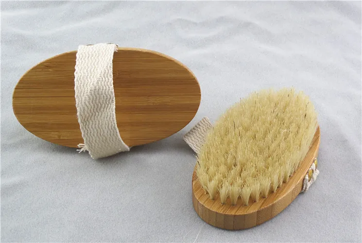 Natural EXFOLIATING Body Wooden Boar Bristle Pig Hair Bath Brush Scrub Skin Massage Shower Round Head Bamboo Massager