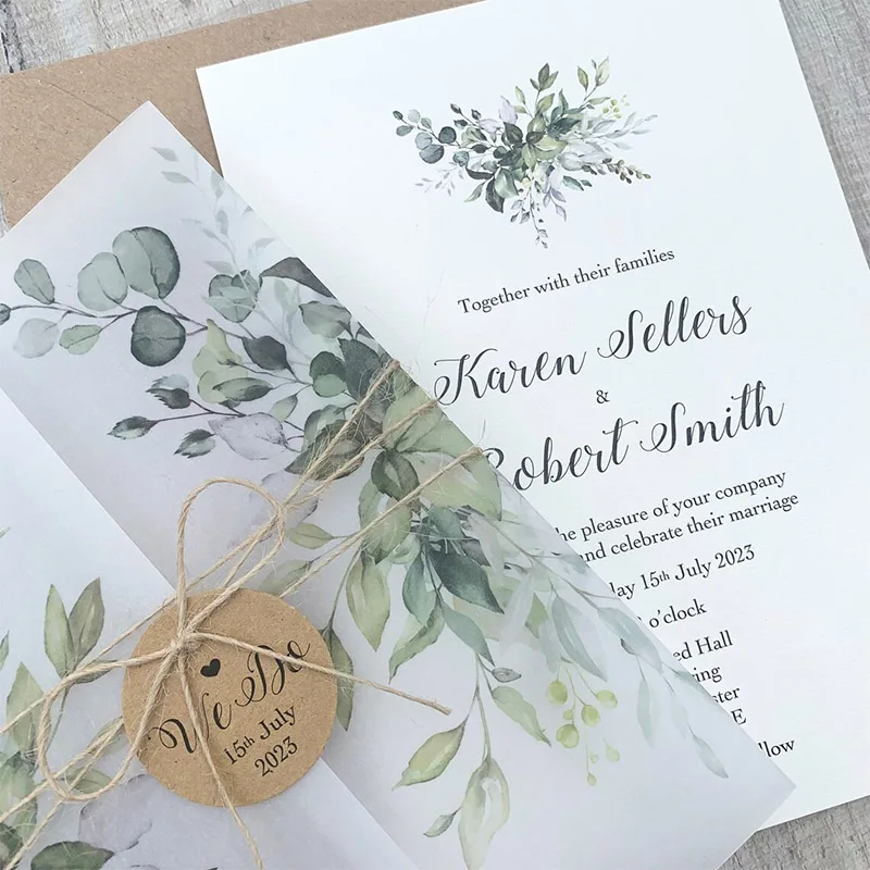 Fashion Custom Rustic Design Tracing Paper Wedding Invitation Cards Cover Elegant Vellum Jacket