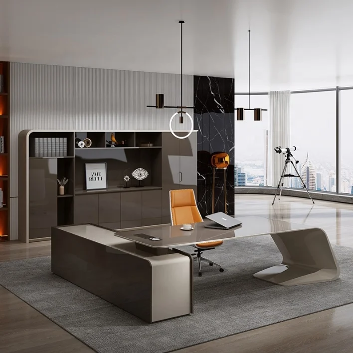 Luxury white MDF glossy CEO ergonomic corner modern high end home executive manager desk with side drawers l-shape office desk