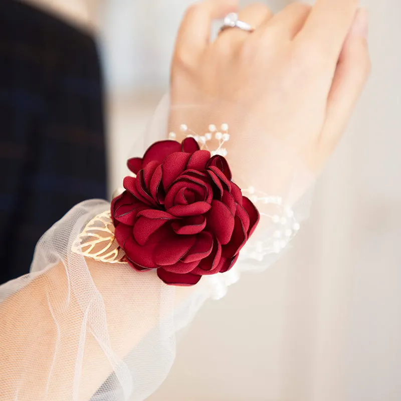DREA Handmade Ribbon Rose Wrist Hand Flowers Corsage Bracelet Wrist Corsage for Bride Wedding