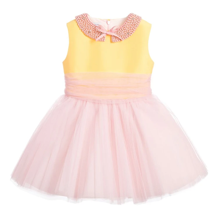Stylish high end new design baby girl dress sleeveless pink and yellow tulle party kids clothes girls dresses
