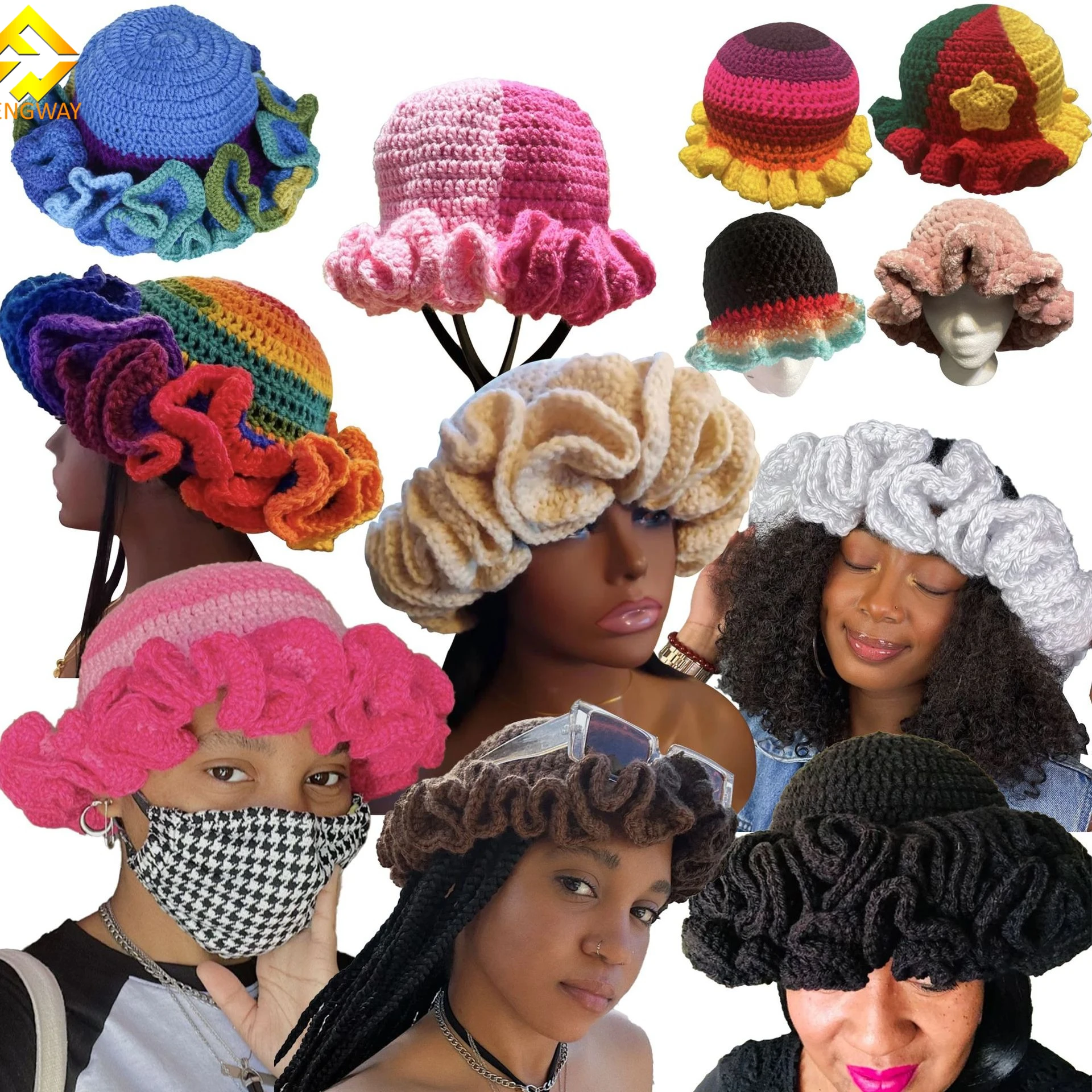 2024  Women Crochet Bucket Hats  Fashion Knit Soft Fluffy Chunky Multicolor Crochet Pleated Ruffles Knitted Hat