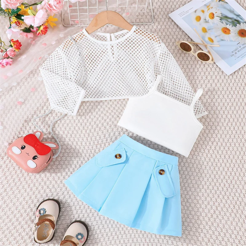 Ms-572 12 to 18 Months Baby Girls Clothing Sets Wholesale Tank Top+Net Top+Skirt 3 Pieces Outfits Kids Summer Dresses for Girls