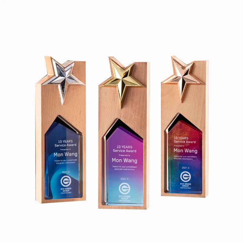 Carving Crystal Glass Trophy Metal Champion Star Trophy Customization Popular Design Wooden Souvenir Wood Cube Gift Box Packing
