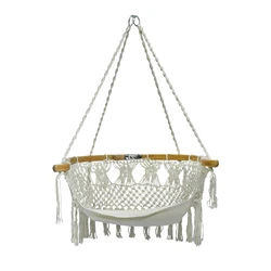 Hammock Chair Macrame Swing, Wide Bamboo Back Support Handmade Knitted Hanging Cotton Rope Hammock Swing Chair for Indoor Outdoo