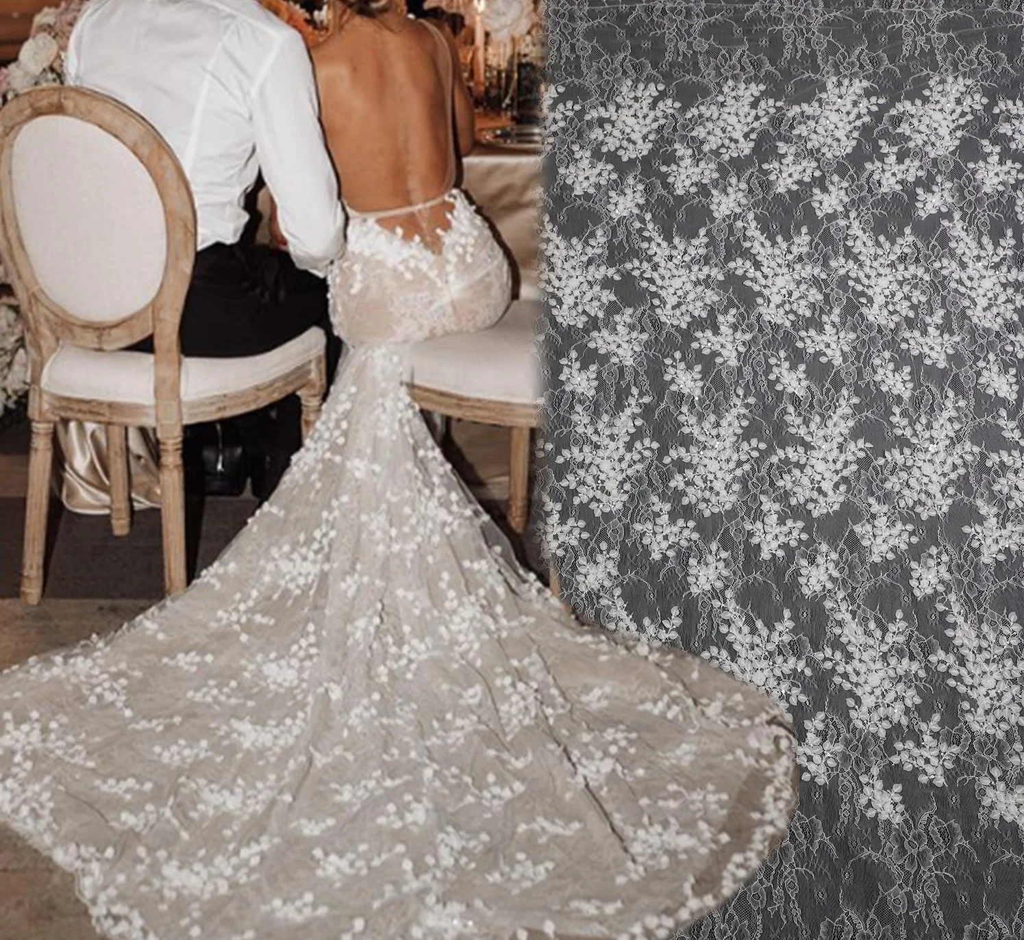 ZX220 White Laser Cut Chiffon 3d Small Flowers Pattern Lace, High End Chantilly French Wedding Lace Fabric