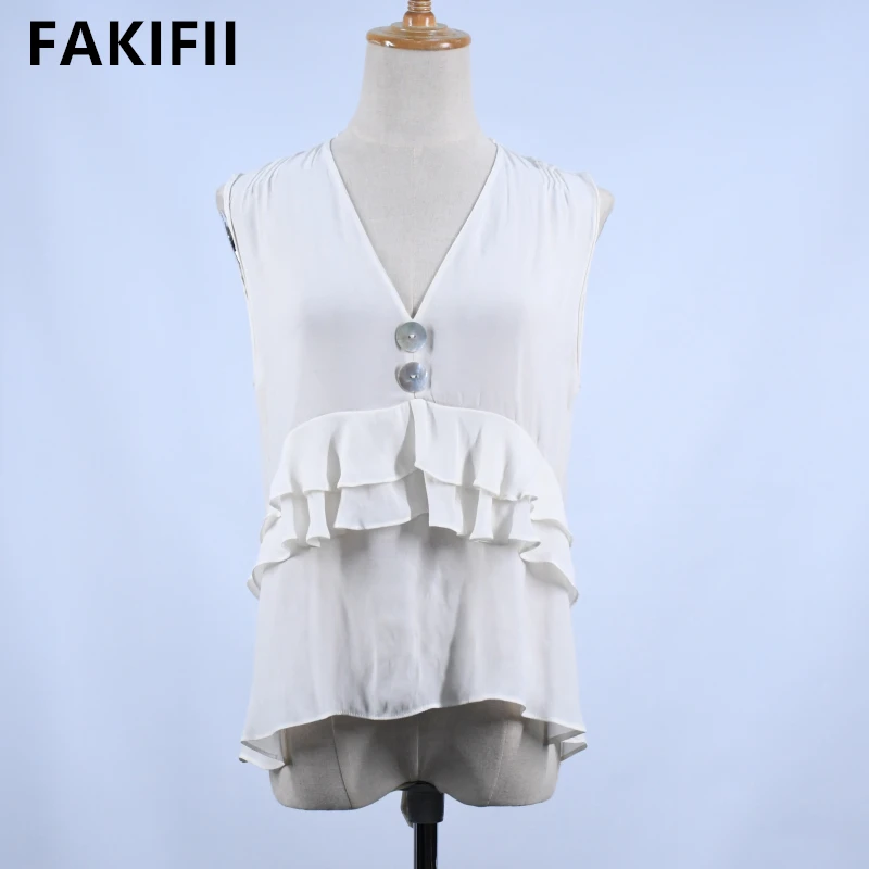 A V-neck Frill Trim Plain Women Tops and Blouses Shell Buttons Sleeveless Elegant Lady Shirts Blouse Women