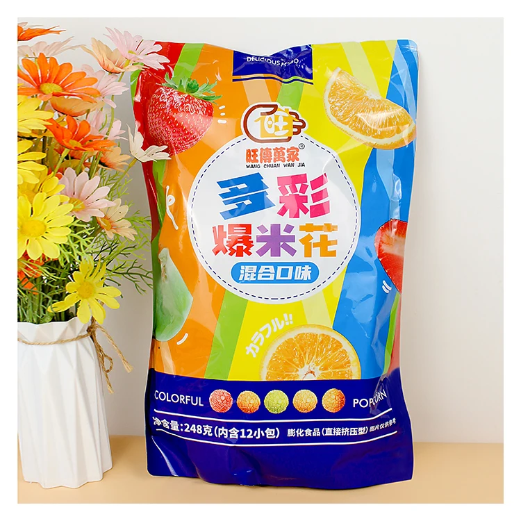 Factory wholesale suppliers popcorn bulk Healthy Grain snacks Puffing food 3flavors mixed rainbow fruit Bag popcorn248g/popcorn