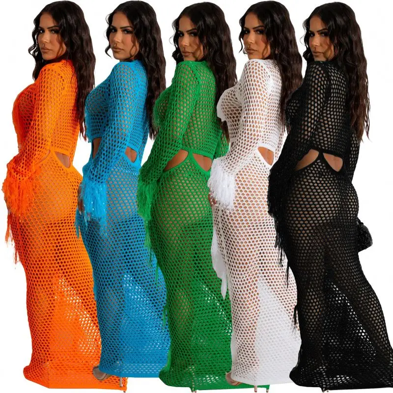 new arrivals 2024 sexy hollow out knit crochet dress ladies elegance tassels fringe maxi dress club party dress