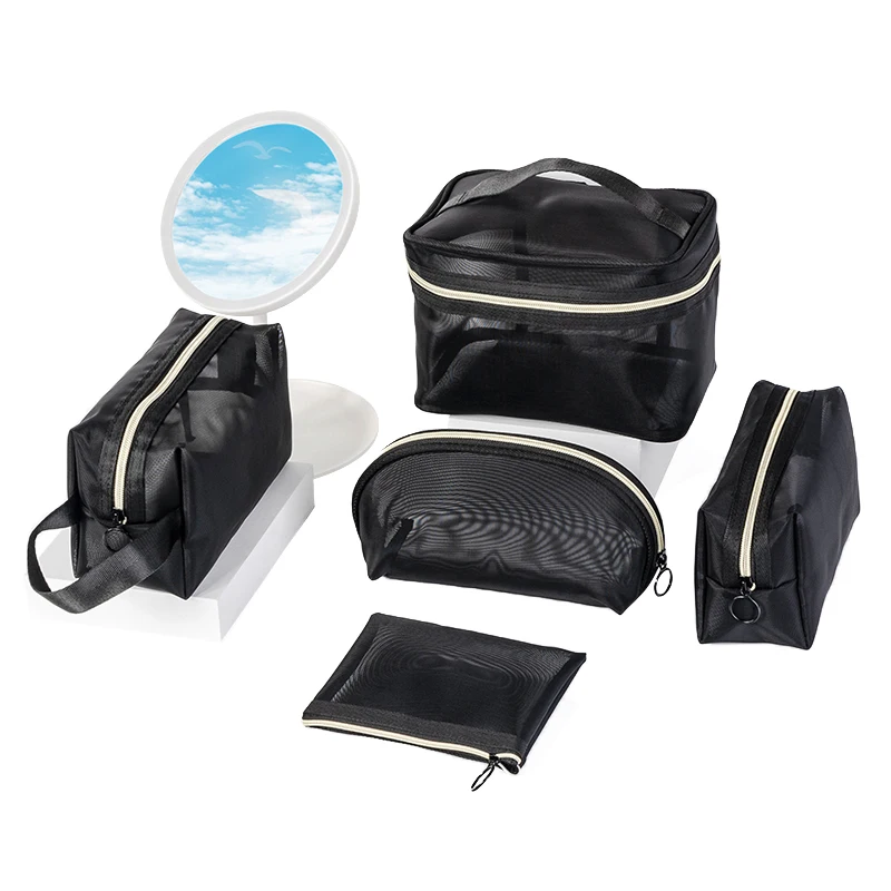 Factory Wholesale Black Mesh Makeup Pouch Organizer Travel Wash Bag Beach Round Toiletry Bag Net Bathroom Mesh Cosmetic Bag