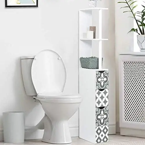 Customized Modern Tall Floor Corner Bathroom Cabinet Wooden Shelf Toilet Unit with 3 Doors in White and Gray