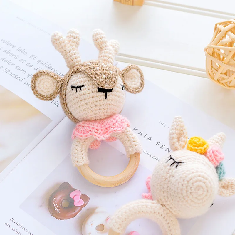 Wooden Teether Baby rattle crochet diy material package hand-woven doll creative gift Newborn Baby Toys