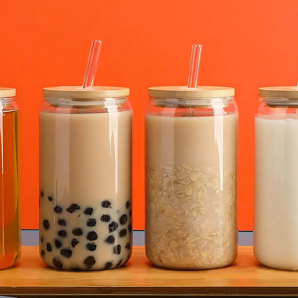 Sublimation 16oz Beer Boba Soda Coffee Can Shaped Drinking Clear Glass Glasses Mug Tumbler with Bamboo Lid Straw Cup
