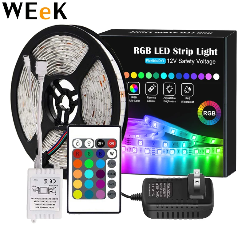 Tira de LED impermeable de 5m RGB 5050 12v Adaptador de EE UU UE Controlador de 24 teclas TV PC Cinta de neon de luz flexible