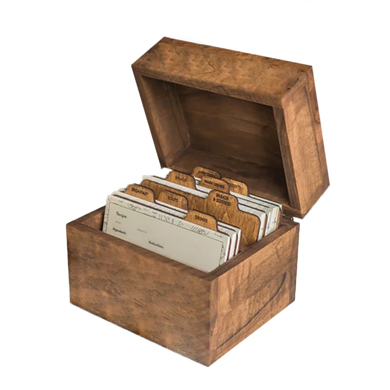 Hot Sale Natural Walnut Wood Recipe Box With Divider Tabs Wood Recipe Box Multifunction Storage Box