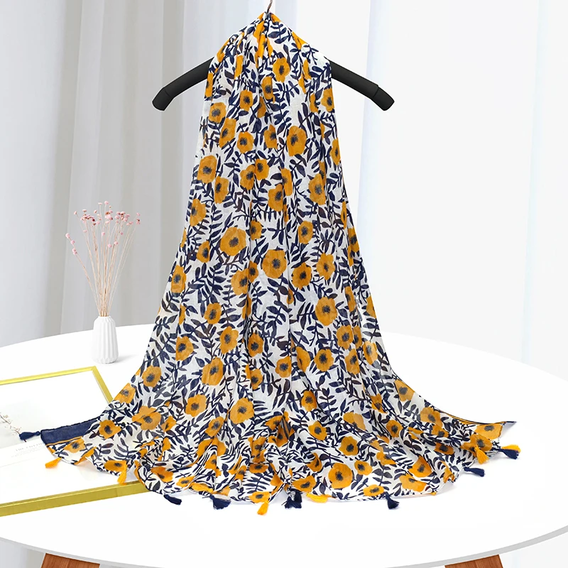 Factory Outlet Casual Blue Flower Dots And Leaf Prints Polyester Wholesale Scarf with Tassels