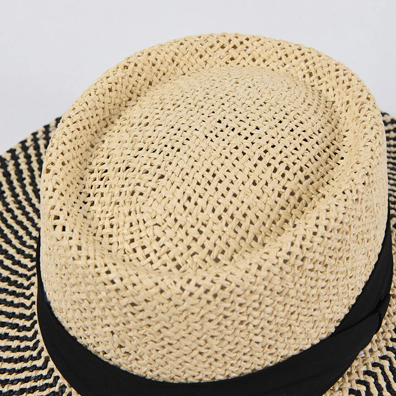 C107337  Panama Hat Men PorkPie Sun Hat Summer Straw Wide Brim Fedora Male Hand Knitting Black Patchwork Casual Beach Tribby Hat