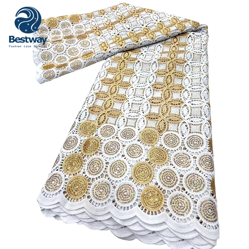 Wholesale white and gold cord lace embroidered sequins guipure lace fabric for women
