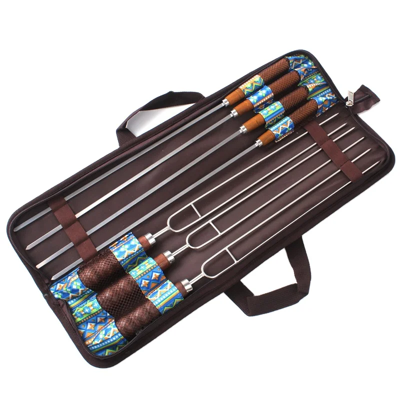 Outdoor Stainless Steel BBQ Tool Grill Skewer Fork Set Wooden Handle Picnic set of 7 Skewers Set
