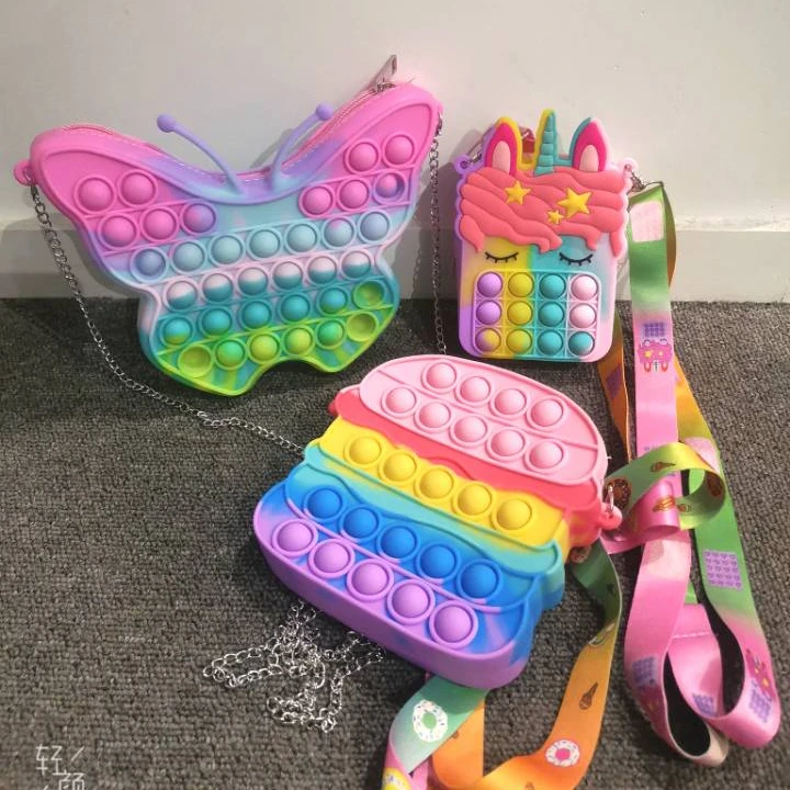 Newest Design Rainbow Silicone  Pop Butterfly&hamburger&unicorn Fidget Bag Zipper Closure fidget Cross Body Bag&Handbag