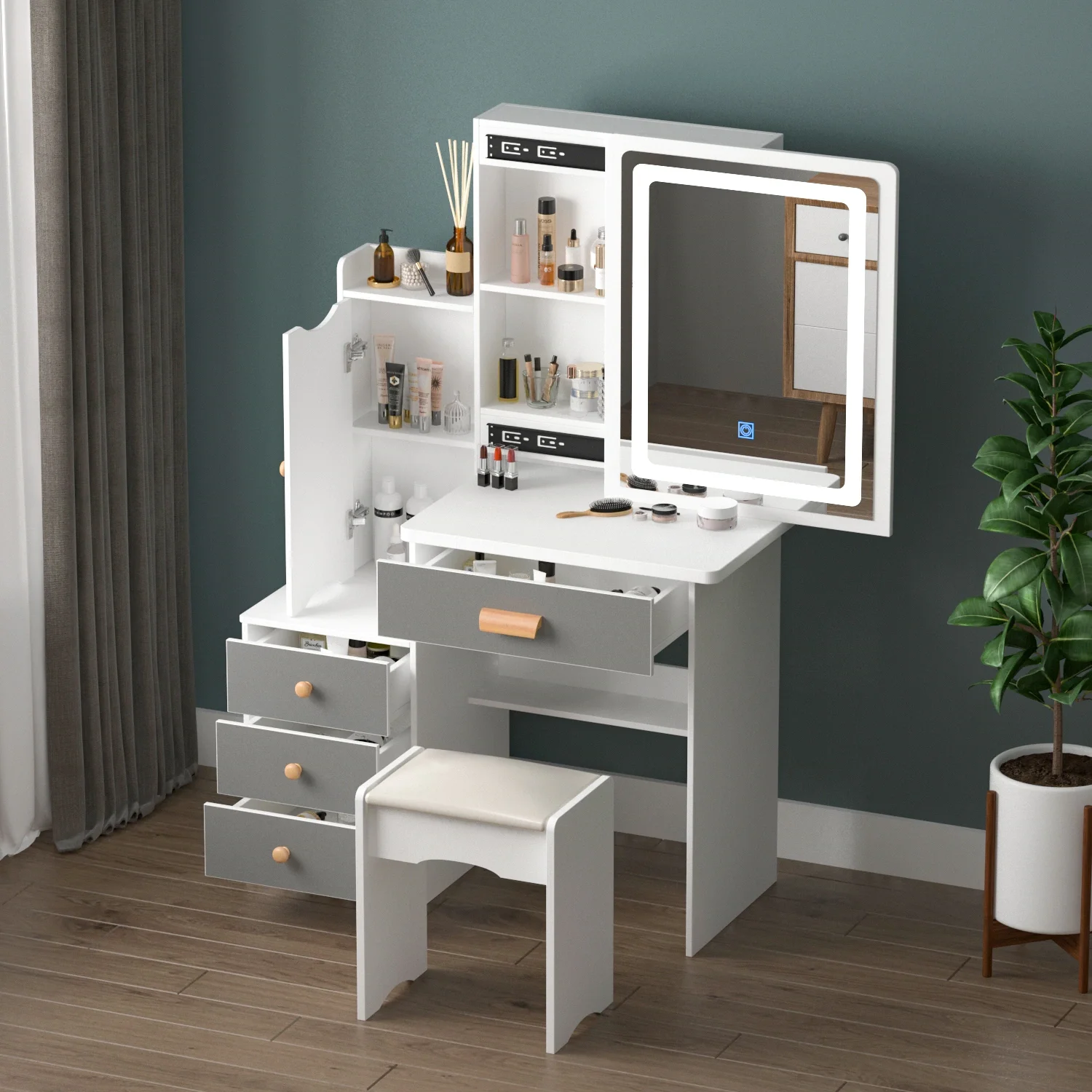 hot selling bed room mirrored Makeup Vanity Set with Sliding Adjustable Lighted Mirror & Stool   Hidden Shelves (1600363269376)