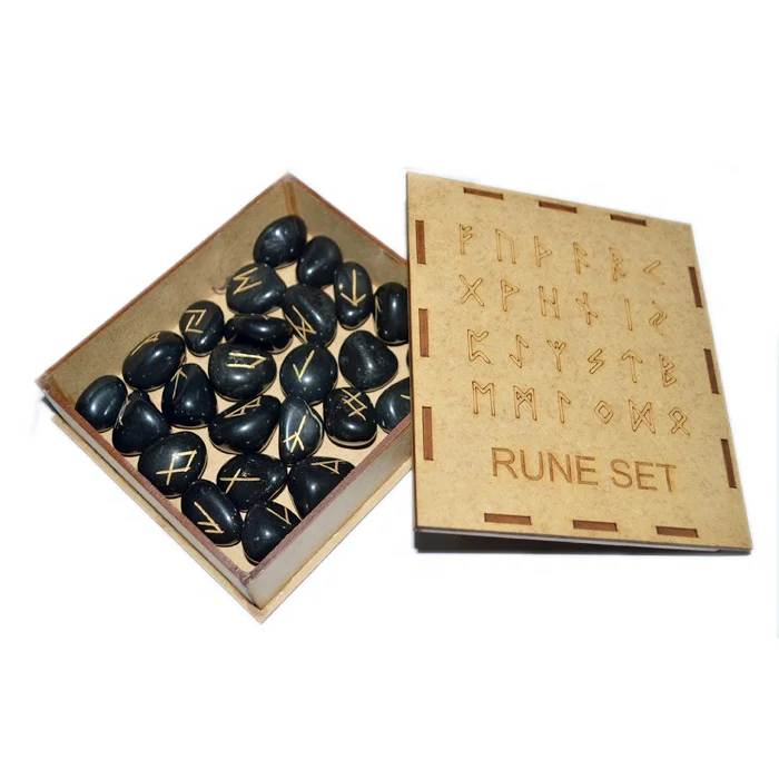 Black Agate Rune Set With Wooden Box Wholesale High Quality Crystal Rune Set, Gemstone Rune set at Best Rates from India