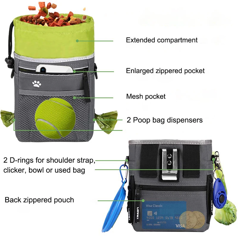 Large Capacity Waterproof Dog Treat Pouch Pet Training Bag With Bowl,Clicker