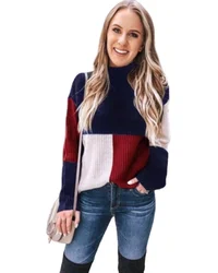 Wholesale Women Winter Sweaters Blocked Colorful Striped Ladies Knitted Sweaters  Loose Oversized Rainbow Sweater