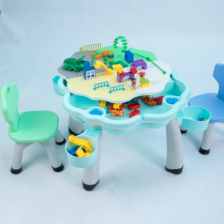 Eco-friendly Flower Shape Multifunction Plastic building blocks kids table with chair