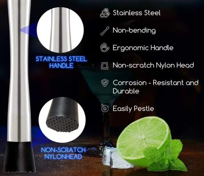 Hiware 10 Inch Stainless Steel Cocktail Muddler and Mixing Spoon Home Bar Tool Set - Create Delicious Mojitos and Other Fruit Ba