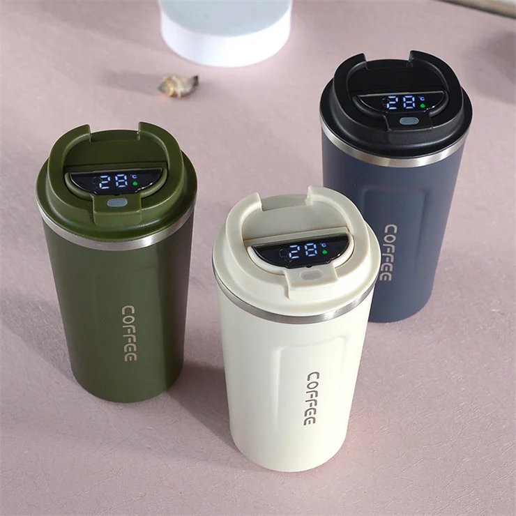 Insulated bulk thermal travel metal black coffee mugs, 500ml led lid smart cup travel thermo temperature display mug