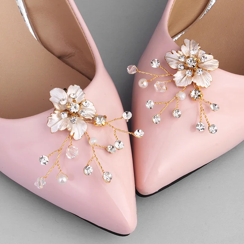 AW Bridal footwear Handwoven Leave Flower shoes Flower Fairy High Heel accessories Removable shoe clips crystal buckle for women