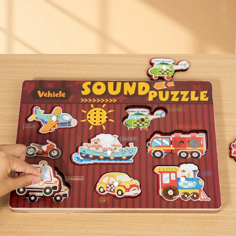 Wooden Cartoon Animal Vehicle Instrument Make Sound 3D Jigsaw Puzzle Board Baby Early Educational Child Toys For Kids Boys Girls