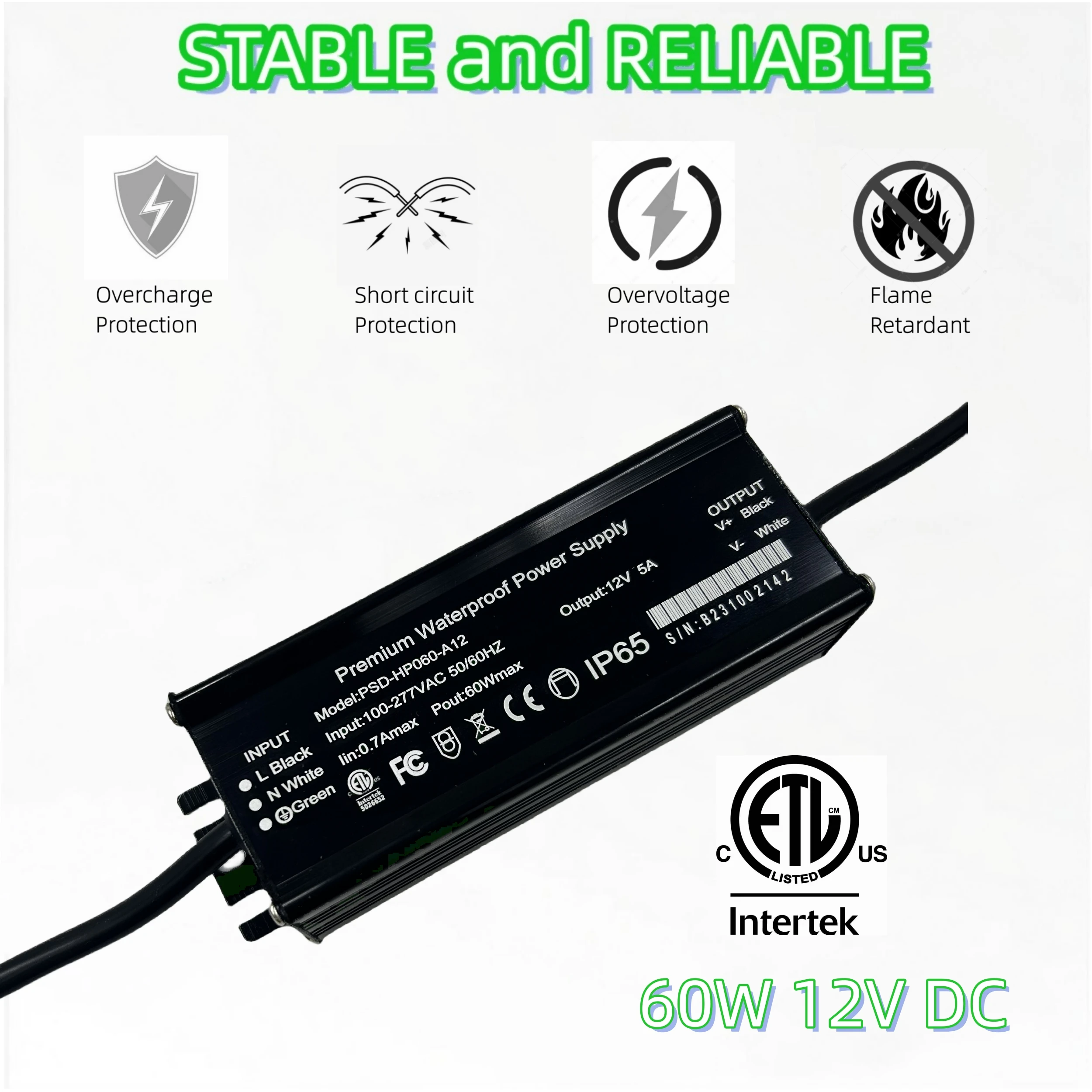 LED driver 60W 12V DC 5A Transformer Adapter ETL Listed 100-277V AC to 12V DC Low Voltage output Power Supply